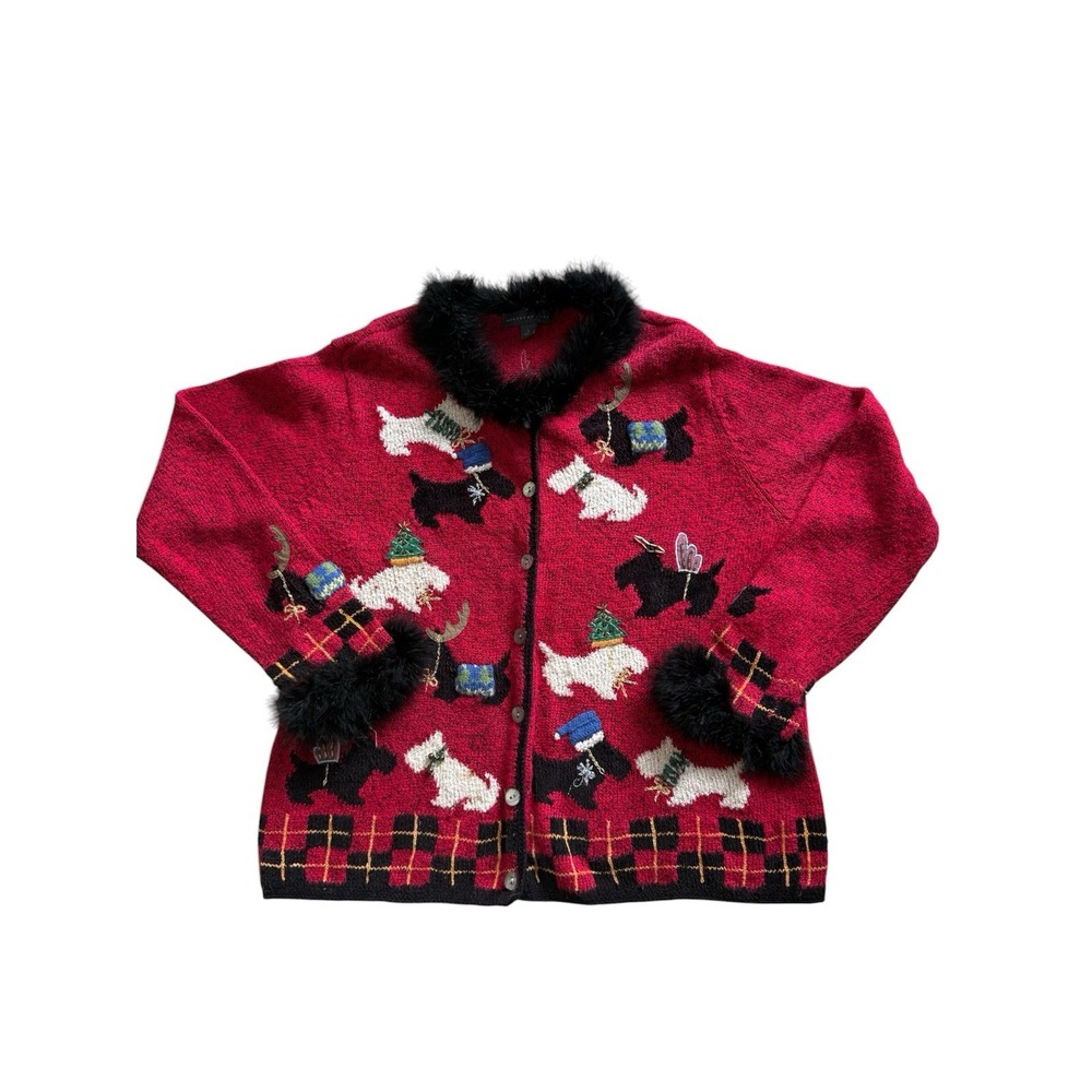 VTG Northern Isles Handknit Sz L Christmas Holiday Cardigan Sweater Scotty Dogs
